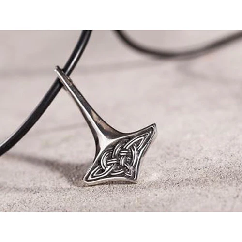 Silver Thor's Hammer pendant on a black rubber chain, Celtic knot design, angled view, pewter.