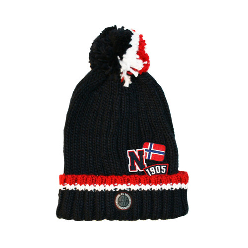 Navy blue knit beanie with a multicolored pom-pom, Norwegian flag patch, and striped brim.