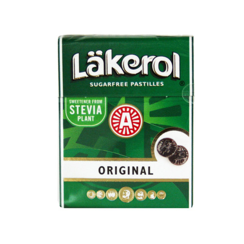 Green Lakerol box with "Original" text, two mints, and Stevia plant logo.