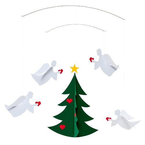 Flensted mobile with white paper angels holding red hearts, surrounding a green tree with a yellow star.