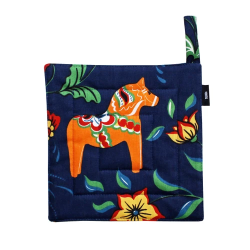 Blue pot holder with orange Dala horse and floral pattern, fabric loop.