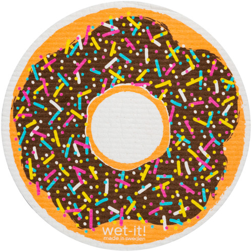 Round Swedish dishcloth patterned like a chocolate frosted donut with colorful sprinkles.