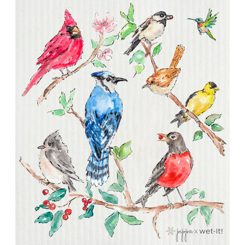Watercolor painting of colorful backyard birds like a cardinal, blue jay, and robin on branches.