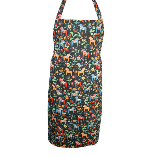 Arvidssons black cotton apron with a colorful Swedish Dalahorse pattern.