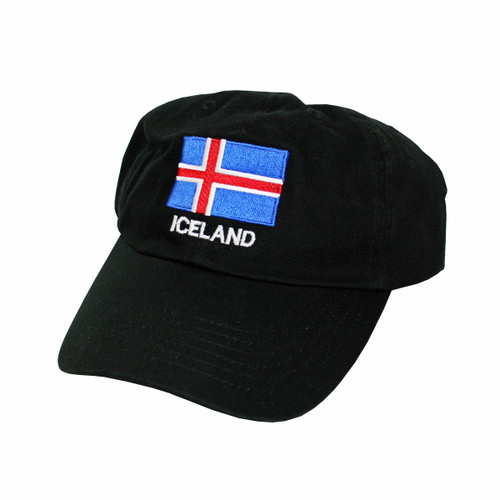 Black cotton cap with embroidered Iceland flag and "ICELAND" text.