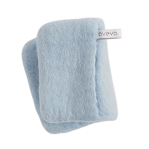 Light blue folded wool potholder with a white Aveva brand label on the side.
