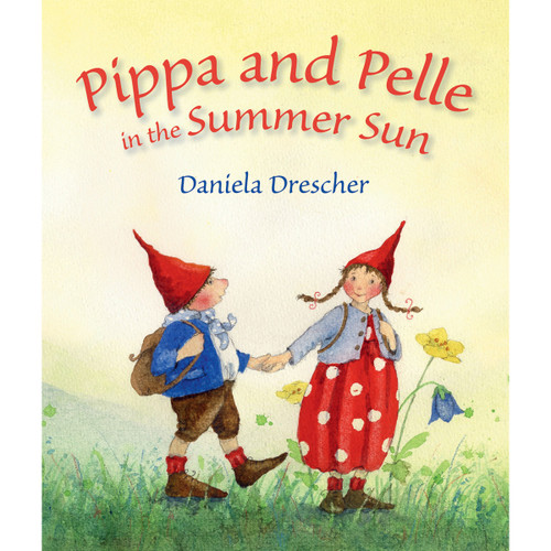 Watercolor illustration of two gnomes, Pippa and Pelle, holding hands in a sunny meadow.