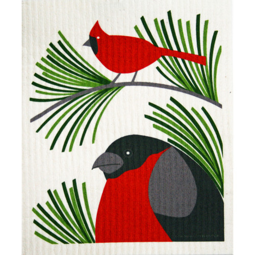 Swedish dishcloth featuring a red cardinal and bullfinch among green pine needles on white.