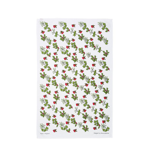 White cotton Christmas tea towel featuring a repeating pattern of robins among green holly and ivy leaves.