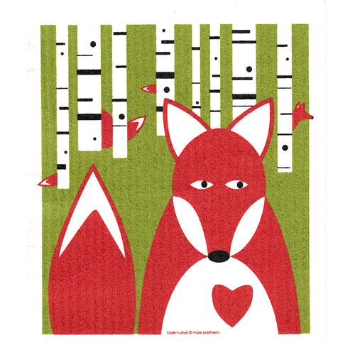 Red fox with heart on chest in front of birch trees on green background.
