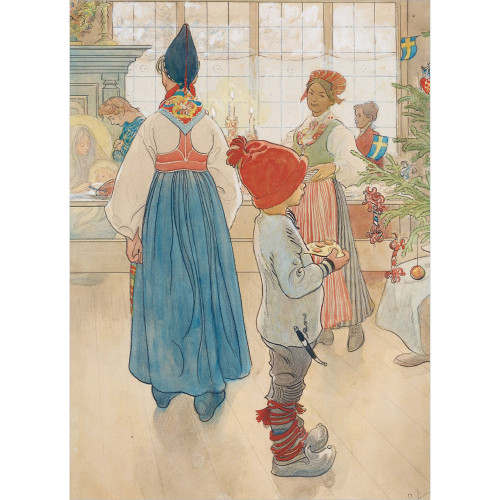 Carl Larsson watercolor of family in festive Swedish attire by Christmas tree