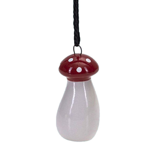 Naasgransgarden ceramic mushroom ornament with red cap, white spots, and hanging string.