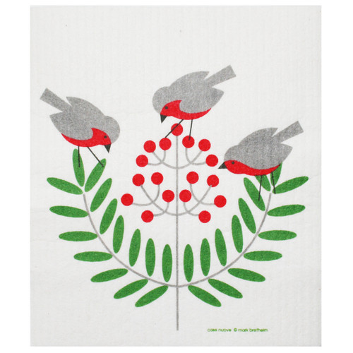 White Cose Nuove Swedish dishcloth featuring three grey and red birds among green leaves and red berries.