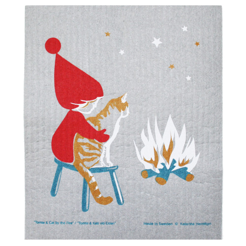 Swedish Dishcloth - Tomte & Cat by Fire (221.96)