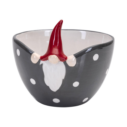 Charcoal ceramic bowl with white polka dots, featuring a whimsical gnome with a tall red hat.
