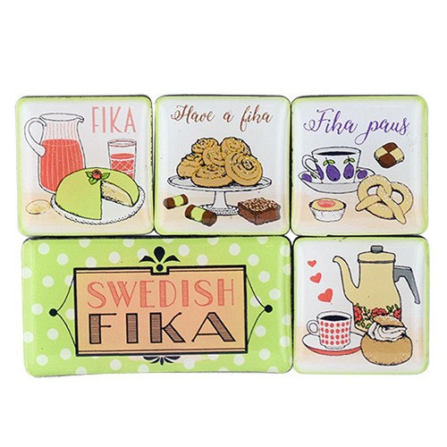 Set of five square magnets with Swedish fika designs, including food and text, on a white background.