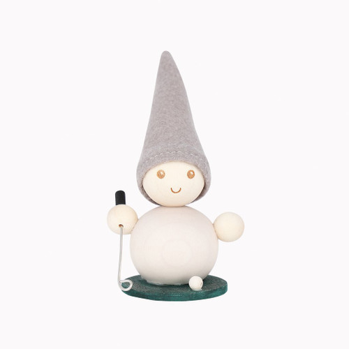 Aarikka Tonttu wooden golfer figurine with a grey felt hat holding a metal club.