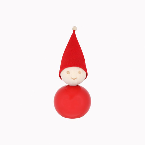 Aarikka Tonttu wooden elf with a red felt pointy hat and bright red body.