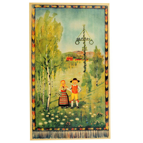 Vintage poster of a couple in folk dress near a maypole, green field, birch trees, red buildings, colorful border.