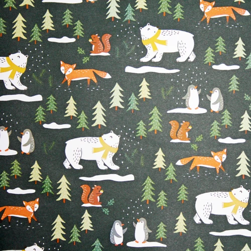 Dark green wrapping paper with cartoon winter animals and trees.