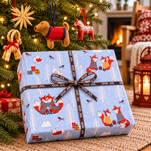 Blue wrapping paper with white trees, red foxes, with god jul brown ribbon(SW17440B)