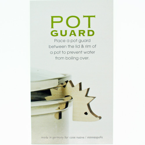 Packaging for Cose Nuove Hedgehog Pot Guard showing a wooden hedgehog propping open a pot lid.