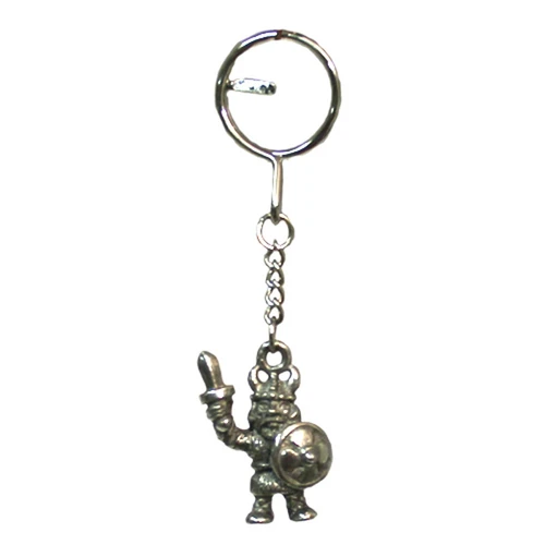 Silver metal Nordic Viking key ring featuring a 1-inch figurine with a sword and shield, chain, and split ring.