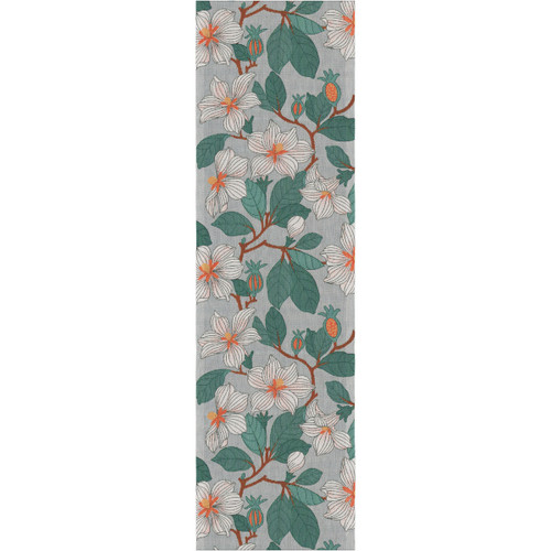 Magnolia table runner; floral pattern, white flowers, green leaves, gray background, organic cotton.