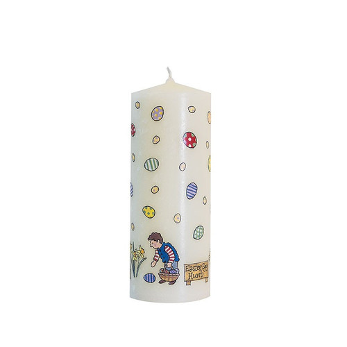 Cream pillar candle with Easter egg hunt design, boy collecting eggs