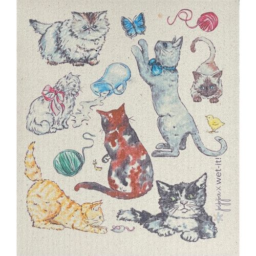 Beige Swedish dishcloth featuring hand-drawn illustrations of cats in various poses with yarn.