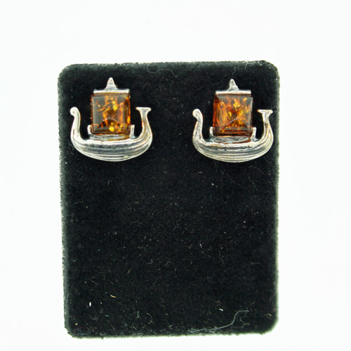 Viking Ship Amber and Silver Stud Earrings