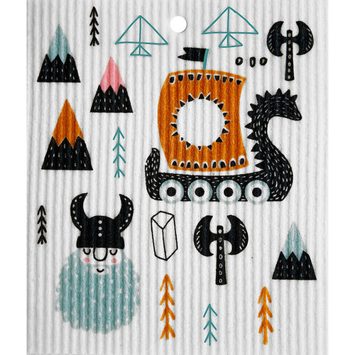 White Swedish dishcloth featuring an illustrated Viking ship, horned Viking, axes, and mountains.