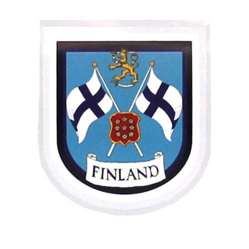 Finland crest decal with two flags, a lion, and a shield.