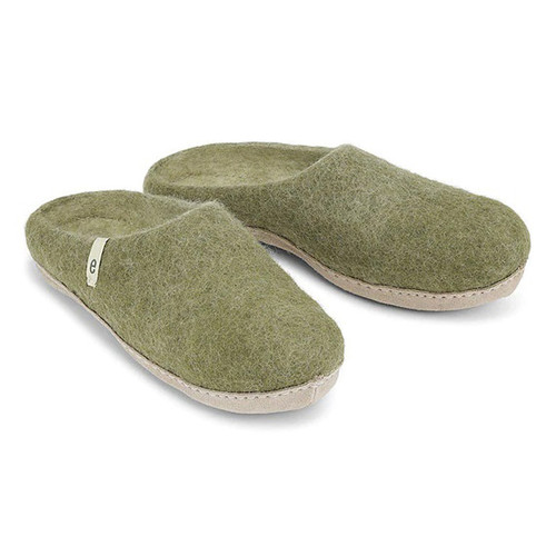A pair of moss green felt slip-on slippers with suede soles, angled slightly.