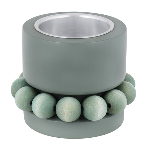 Grey-green wooden Aarikka candle holder with a ring of beads and metal insert.