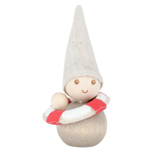 Wooden summer elf figurine with a tall burlap hat and red-and-white life ring buoy.