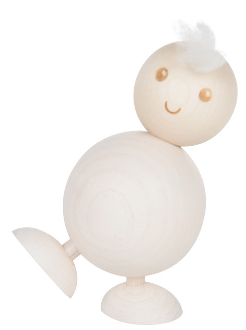 Aarikka Baby's First Steps wooden decoration made of light maple with a fuzzy white hair tuft, standing on round bases.
