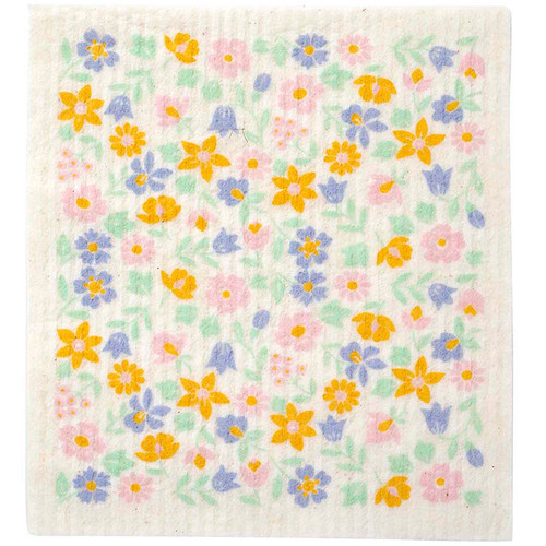 White Swedish dishcloth with a floral pattern of pink, blue, and yellow flowers.