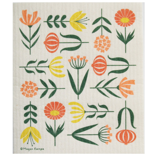 White Swedish dishcloth with orange, yellow, and green floral pattern.