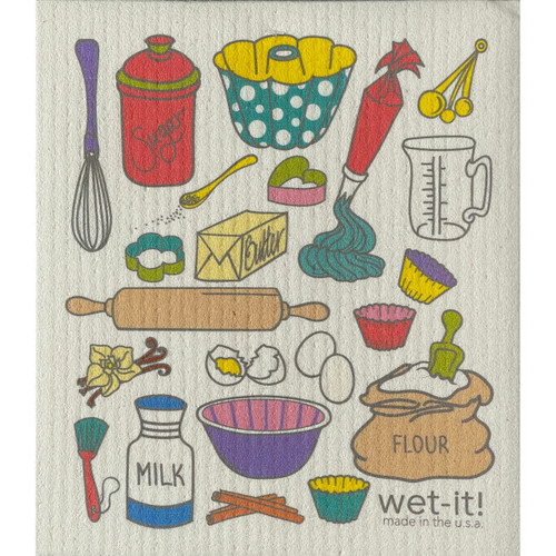 Swedish dishcloth featuring colorful retro baking illustrations like a red sugar jar, rolling pin, and flour sack.