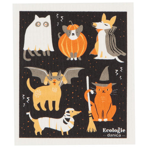 Halloween Swedish dishcloth with black background and illustrations of cats and dogs in costumes.