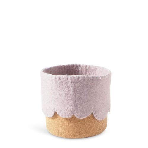 Lavendar felt wool flowerpot with a scalloped edge over a cork base.