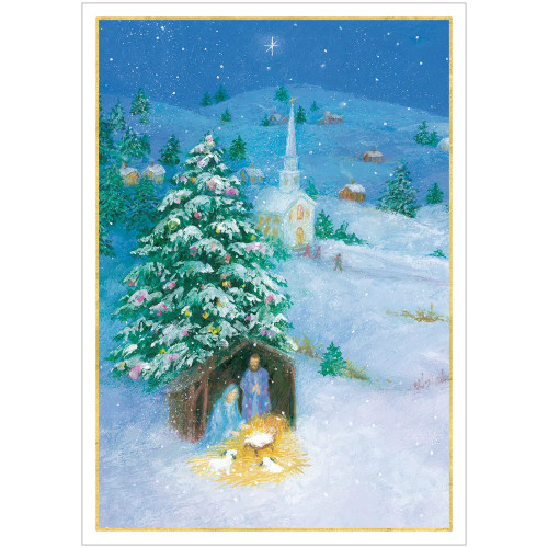 Caspari Creche Scene in Snow Small Boxed Christmas Cards - 16 Cards & 16 Envelopes 