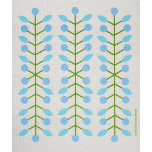 White dishcloth with repeating blue berry branches and light blue leaves.