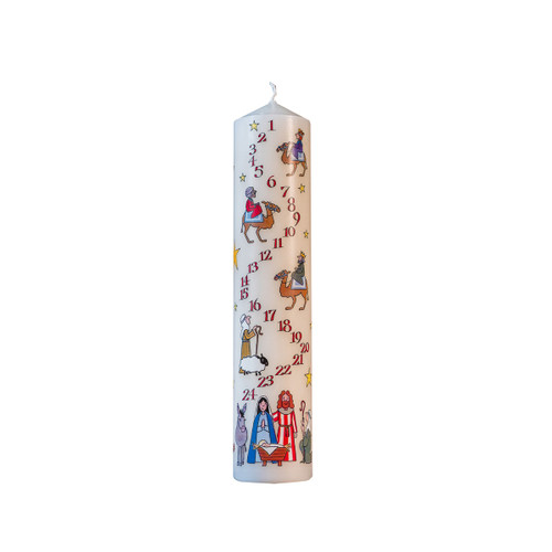 White 10-inch advent pillar candle featuring colorful illustrated Nativity scenes and numbers 1 to 24.