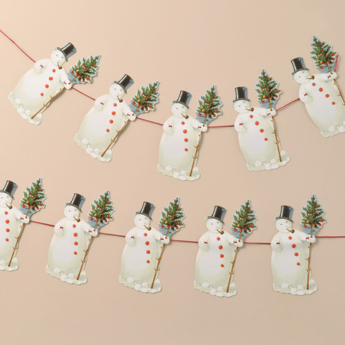 Two rows of paper snowman cutout garlands with top hats, pipes, and trees against a neutral background.