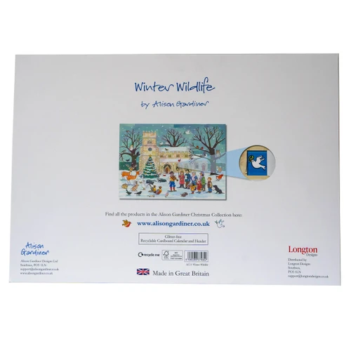 White packaging for Alison Gardiner "Winter Wildlife" advent calendar, featuring product preview image and company details.