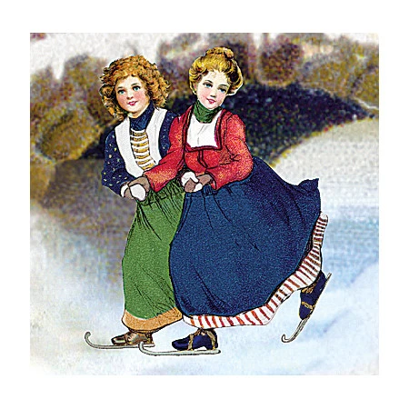 Vintage-style illustration of two smiling girls ice skating together in colorful winter clothing.