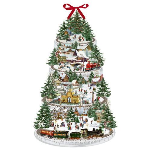Tiered Christmas tree advent calendar with snowy villages, trains, and a red bow at top.