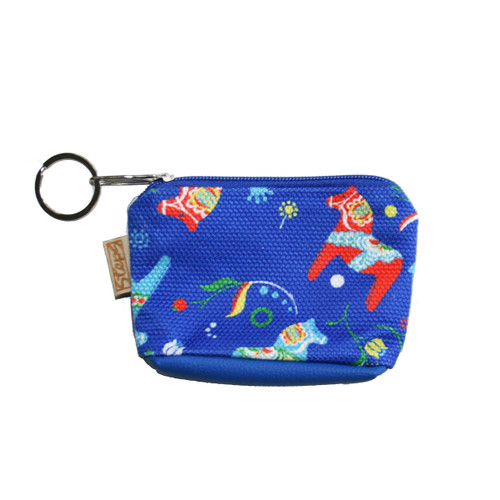 Blue fabric coin purse with Dala horse pattern, zipper, and attached keyring.